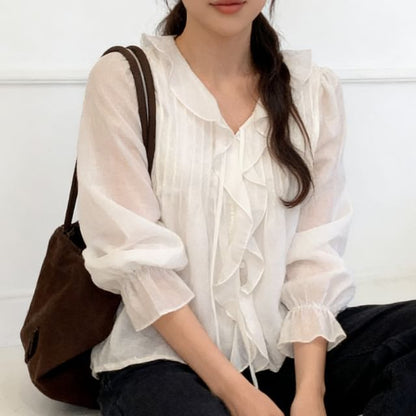 Ruffle Blouse with Puff Sleeves, V-Neck, and Solid Design