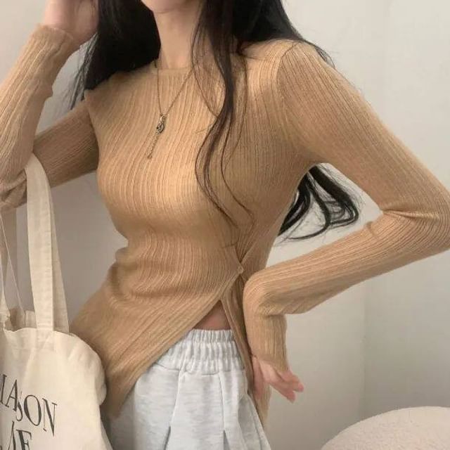 Ribbed Top with Side Slits, Crew Neck, and Long Sleeves