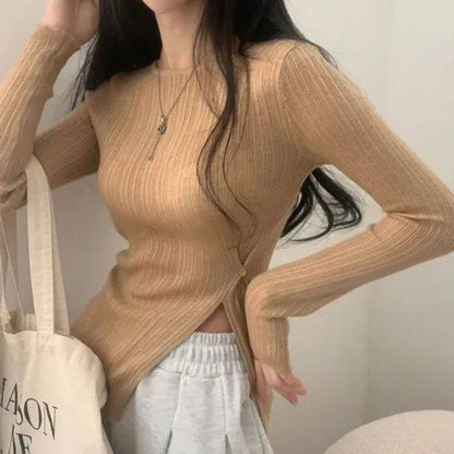 Ribbed Top with Side Slits, Crew Neck, and Long Sleeves