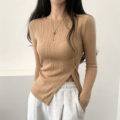 Ribbed Top with Side Slits, Crew Neck, and Long Sleeves