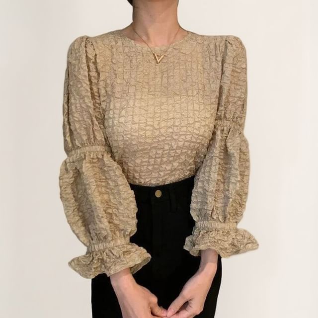 Textured Blouse with Puff Sleeves and Crew Neck in Solid