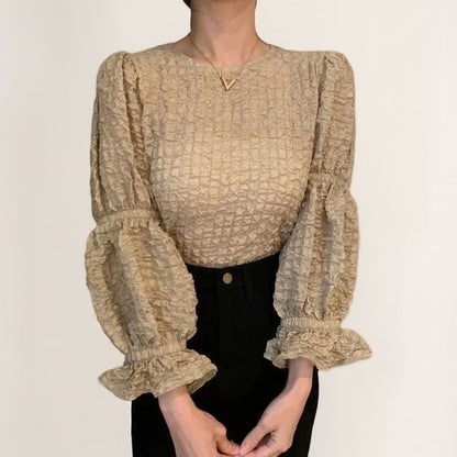 Textured Blouse with Puff Sleeves and Crew Neck in Solid