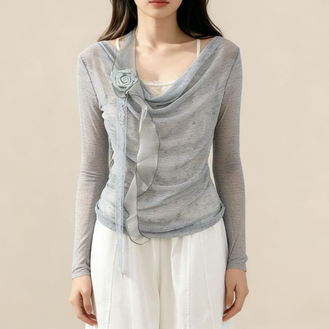 Lace Trim Top with Cowl Neck and Mock Two-Piece Style