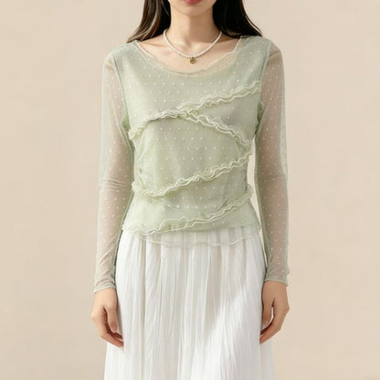 Frill Mesh Top with Round Neck and Long Sleeves in Solid