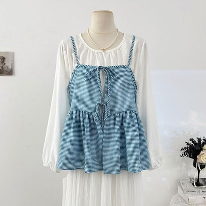 Flowy Camisole and Top Set with Tie Front and Round Neck