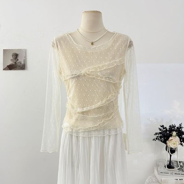 Frill Mesh Top with Round Neck and Long Sleeves in Solid