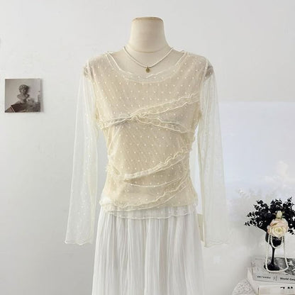 Frill Mesh Top with Round Neck and Long Sleeves in Solid