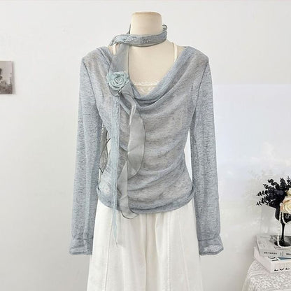 Lace Trim Top with Cowl Neck and Mock Two-Piece Style