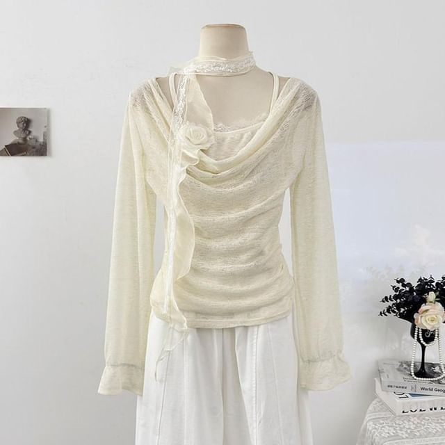 Lace Trim Top with Cowl Neck and Mock Two-Piece Style