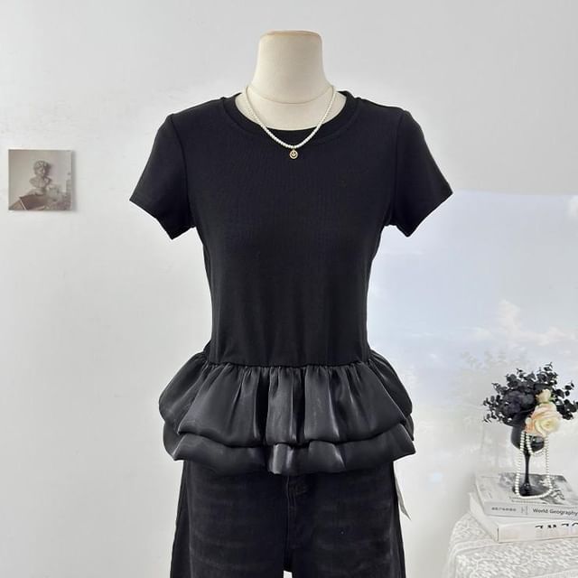 Ruffle Panel Mesh T-Shirt with Short Sleeves and Round Neck