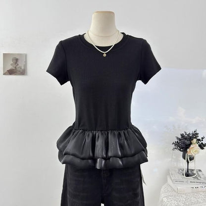 Ruffle Panel Mesh T-Shirt with Short Sleeves and Round Neck