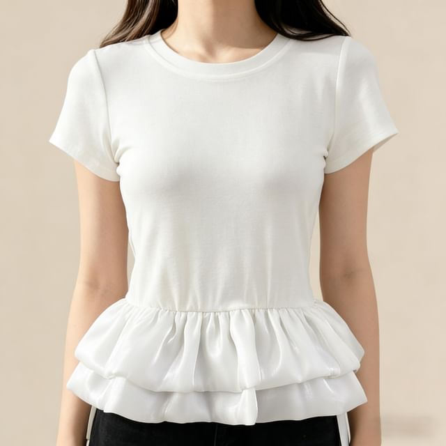 Ruffle Panel Mesh T-Shirt with Short Sleeves and Round Neck