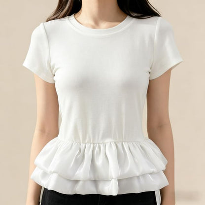 Ruffle Panel Mesh T-Shirt with Short Sleeves and Round Neck
