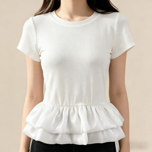 Ruffle Panel Mesh T-Shirt with Short Sleeves and Round Neck