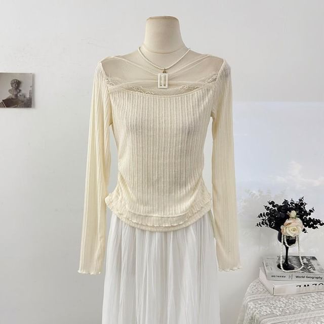 Mesh Top with Buckled Ribbed Lace Trim and Boat Neck