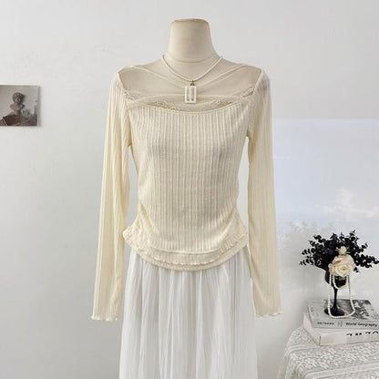Mesh Top with Buckled Ribbed Lace Trim and Boat Neck