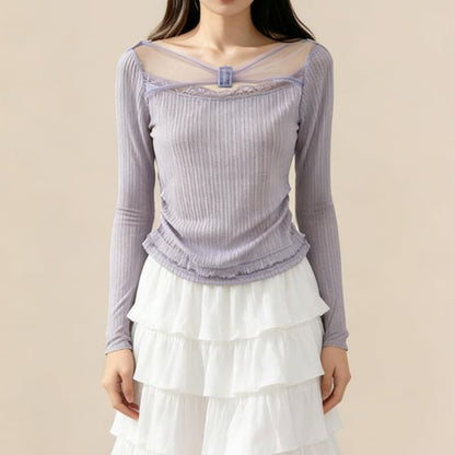 Mesh Top with Buckled Ribbed Lace Trim and Boat Neck