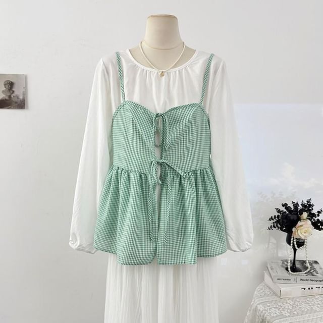 Flowy Camisole and Top Set with Tie Front and Round Neck