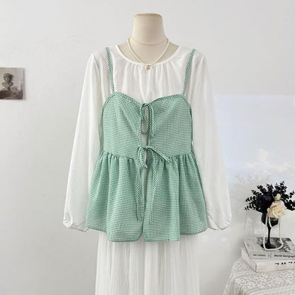 Flowy Camisole and Top Set with Tie Front and Round Neck