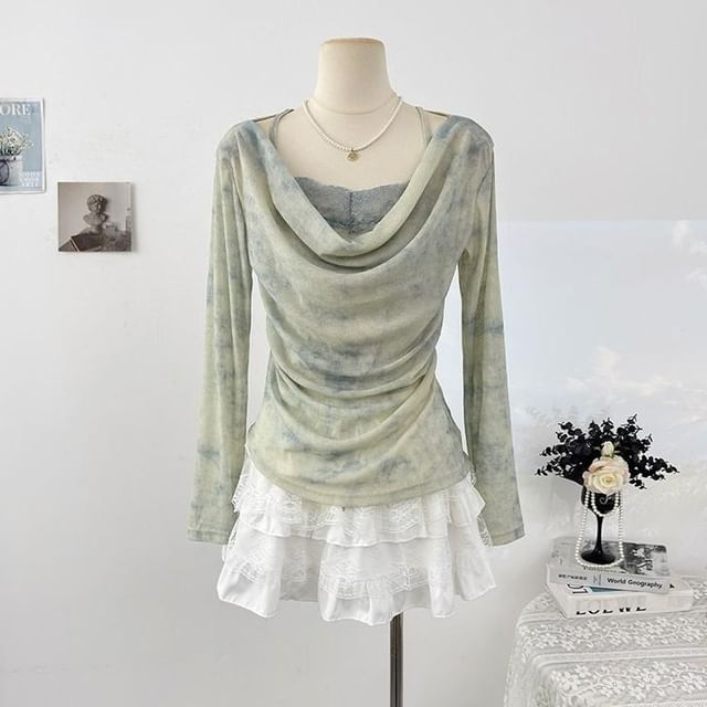 Tie Dye Lace Panel Top with Cowl Neck and Long Sleeves