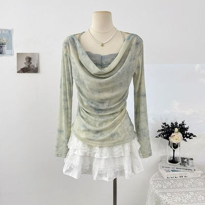 Tie Dye Lace Panel Top with Cowl Neck and Long Sleeves