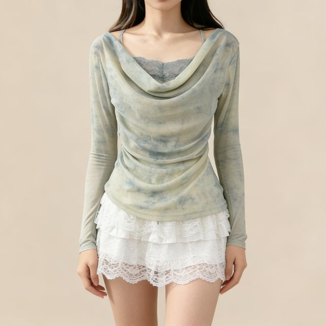 Tie Dye Lace Panel Top with Cowl Neck and Long Sleeves