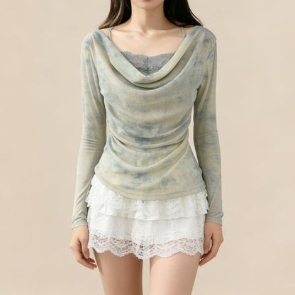 Tie Dye Lace Panel Top with Cowl Neck and Long Sleeves