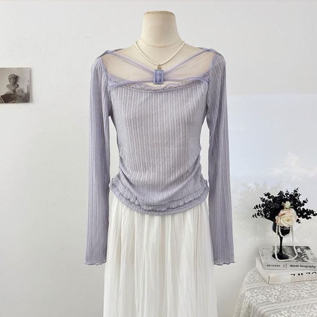 Mesh Top with Buckled Ribbed Lace Trim and Boat Neck