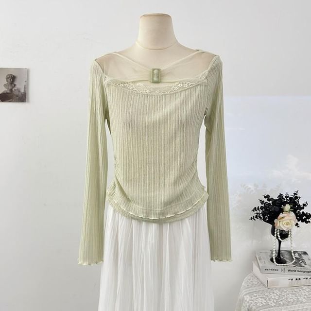 Mesh Top with Buckled Ribbed Lace Trim and Boat Neck