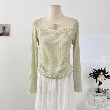 Mesh Top with Buckled Ribbed Lace Trim and Boat Neck