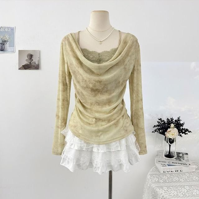 Tie Dye Lace Panel Top with Cowl Neck and Long Sleeves