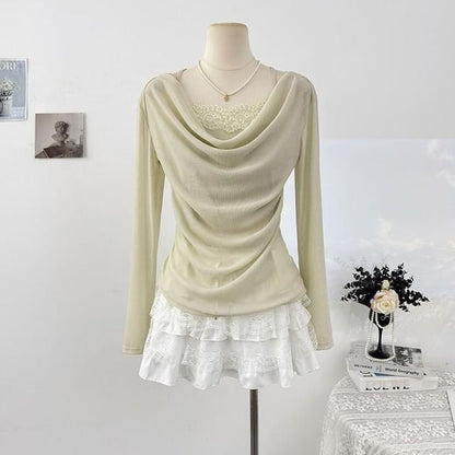 Tie Dye Lace Panel Top with Cowl Neck and Long Sleeves