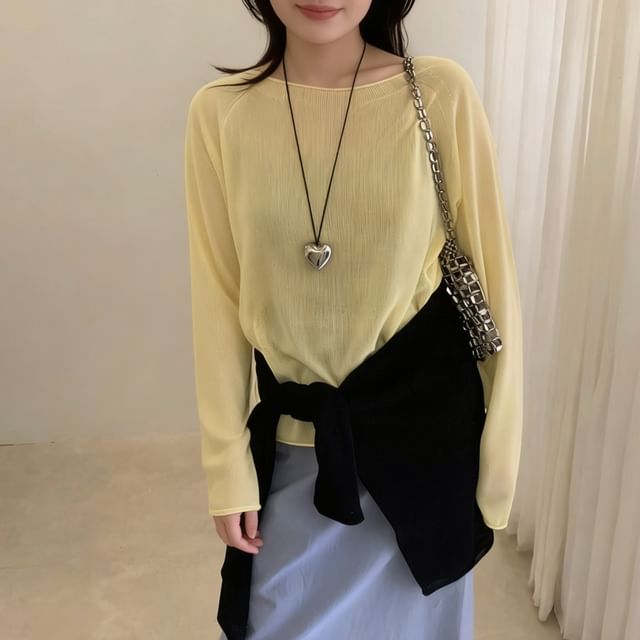 Sheer Knit Top with Crew Neck and Long Sleeves in Solid Tone