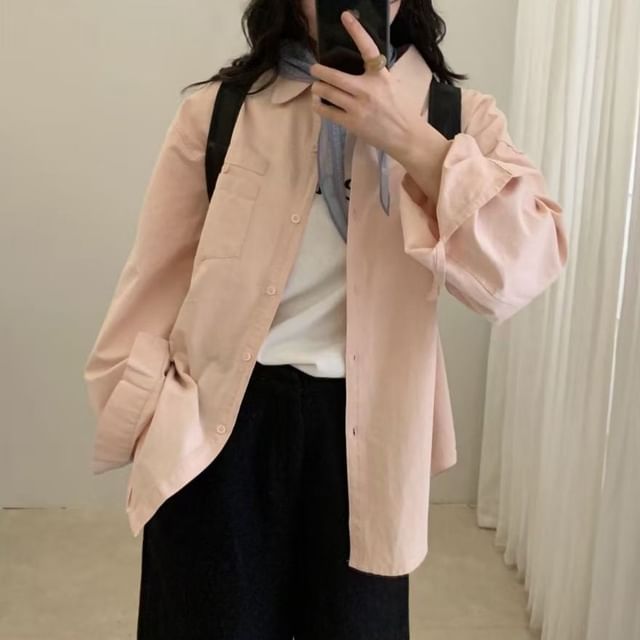 Solid Button-Up Shirt with Long Sleeves and Classic Collar