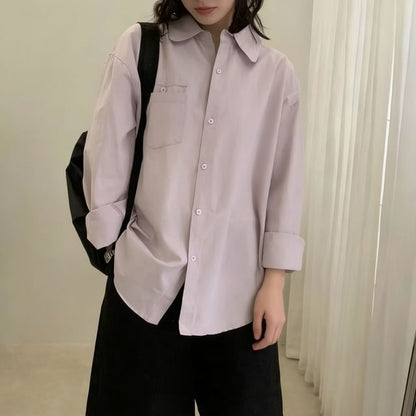 Solid Button-Up Shirt with Long Sleeves and Classic Collar