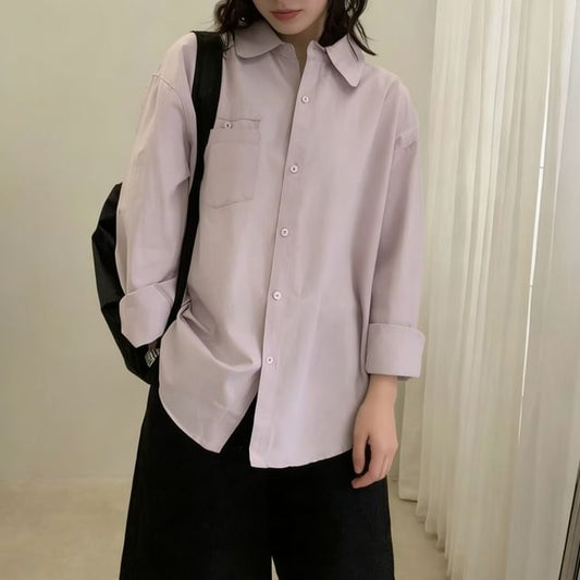 Solid Button-Up Shirt with Long Sleeves and Classic Collar