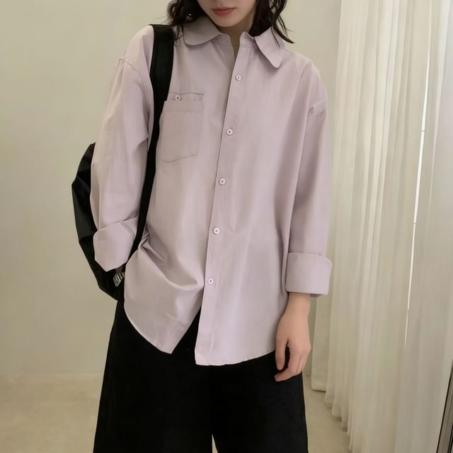 Solid Button-Up Shirt with Long Sleeves and Classic Collar