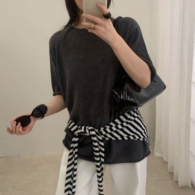 Knit Top with Elbow Sleeves and Crew Neckline