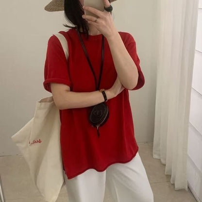 Knit Top with Elbow Sleeves and Crew Neckline