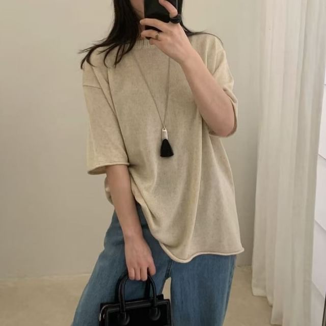 Knit Top with Elbow Sleeves and Crew Neckline