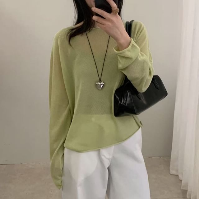 Sheer Knit Top with Crew Neck and Long Sleeves in Solid Tone