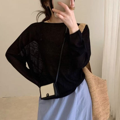Sheer Knit Top with Crew Neck and Long Sleeves in Solid Tone