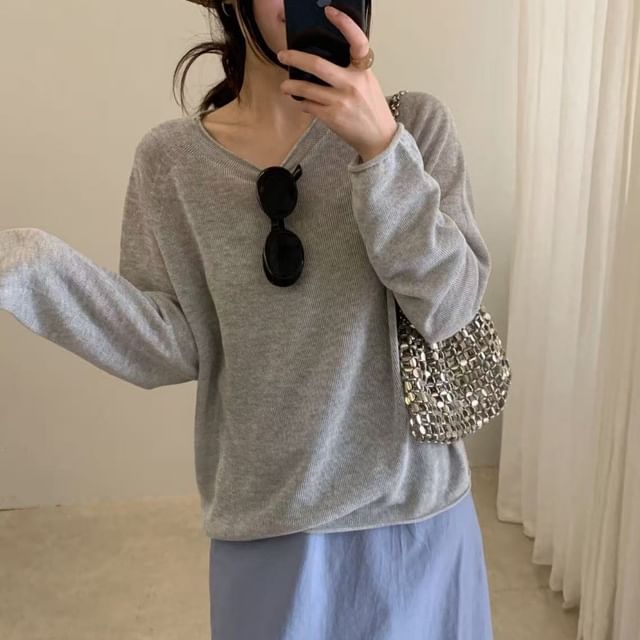 Sheer Knit Top with Crew Neck and Long Sleeves in Solid Tone