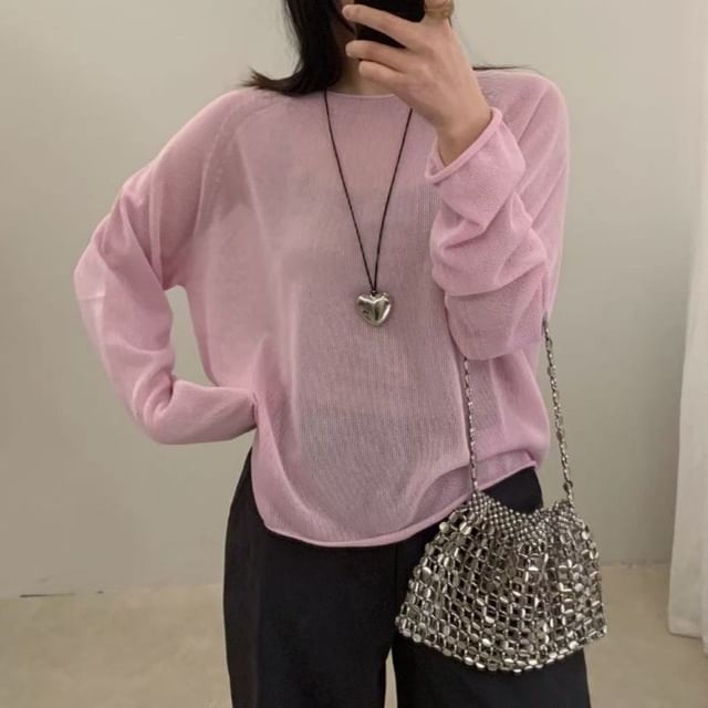 Sheer Knit Top with Crew Neck and Long Sleeves in Solid Tone