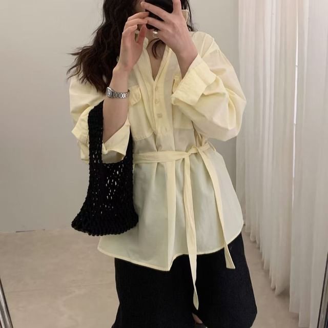 Collared Tie Waist Blouse with V-Neck and Long Sleeves