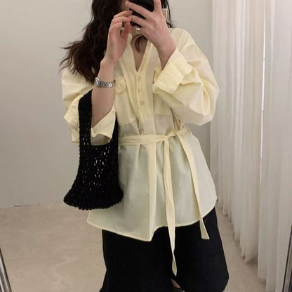 Collared Tie Waist Blouse with V-Neck and Long Sleeves