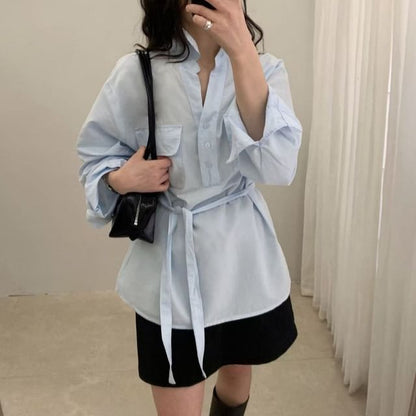Collared Tie Waist Blouse with V-Neck and Long Sleeves