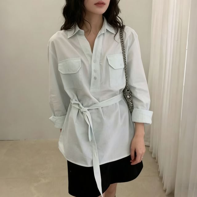 Collared Tie Waist Blouse with V-Neck and Long Sleeves