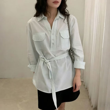 Collared Tie Waist Blouse with V-Neck and Long Sleeves