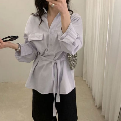 Collared Tie Waist Blouse with V-Neck and Long Sleeves
